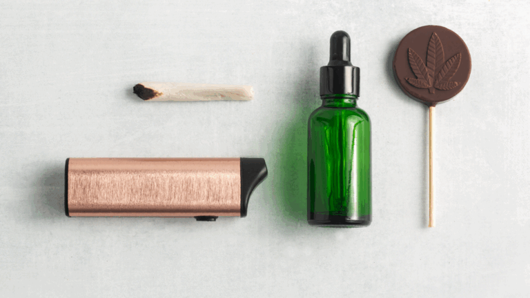 Cannabis consumption methods: joint, vape, tincture bottle, and chocolate edible lollipop with leaf design.