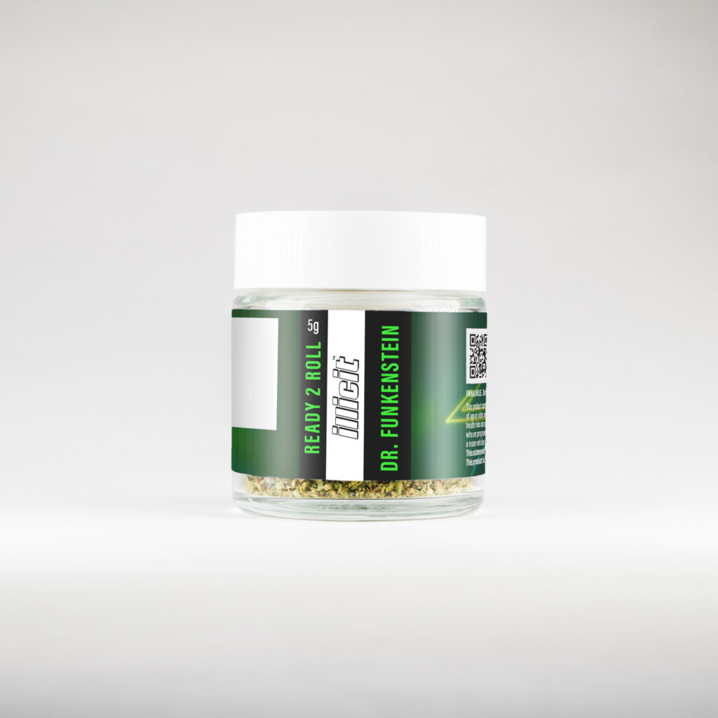 Dr. Funkenstein cannabis strain in a lidded jar.