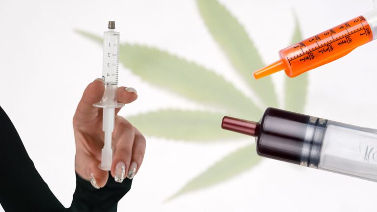 Hand holding a syringe of RSO cannabis oil.