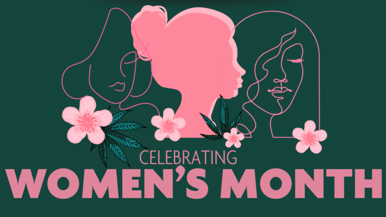 Pink and Green Text that says "Celebrating Women's Month". Image also contains sketches of three women.
