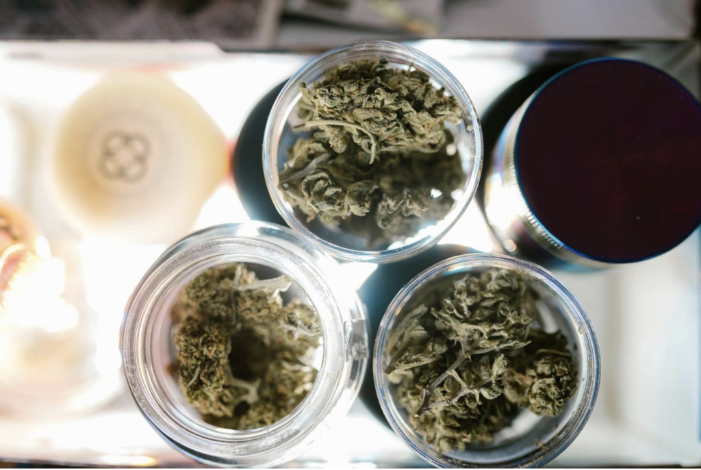 Cannabis in jars in aerial view.