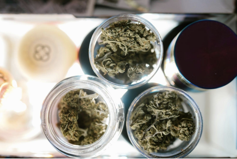 Cannabis in jars in aerial view.