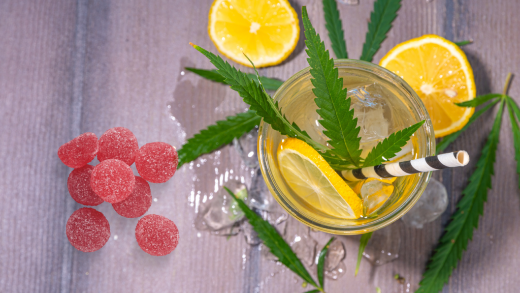 Glass drink filled with lemon slice and cannabis drink.